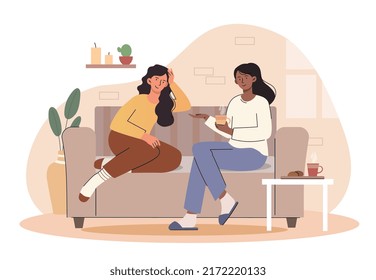 Women drinking coffee at home. Girlfriends with hot drinks sit on couch and discuss news, rumors and gossip. Comfort and coziness in apartment, conversation. Cartoon flat vector illustration