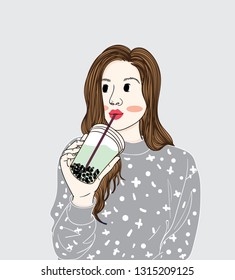 Women are drinking delicious smoothies as a favorite.
This woman is happy when drinking fruit juices and desserts.Doodle art concept,illustrat