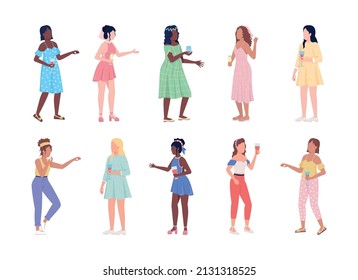 Women with drinks semi flat color vector characters set. Standing figures. Full body people on white. Festive celebration simple cartoon style illustration for web graphic design and animation pack