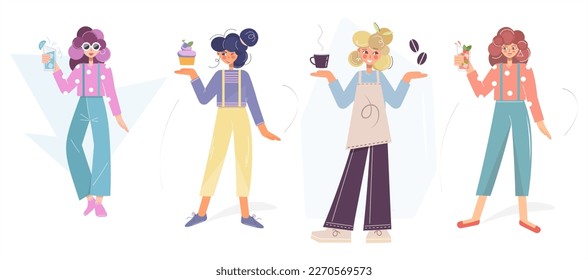 Mujeres con bebidas, set. Las niñas beben agua, vino, cóctel, té, café con cupcakes vectoriales ilustraciones planas aisladas de fondo blanco Amistad entre mujeres. Las novias pasan tiempo juntas en una fiesta