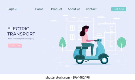 women drive eco city transportation in city concept. Personal electric transport, green electro scooter and bike. Ecological vehicle set 