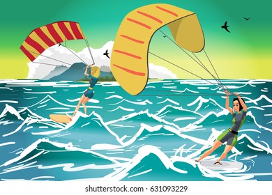 Women drive at kite surfing. Girls windsurfing on water surface with air kite. Tropical sea summer landscape. Vector flat cartoon illustration