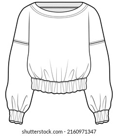 women drop shoulder long sleeve boat neck sweat shirt, blouse with elastic gathered details fashion flat sketch vector illustration apparel template. cad mockup.