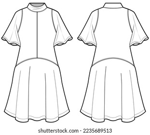 Women drop waist prairie dress design flat sketch fashion illustration drawing with front and back view, Butterfly sleeve high neck dress