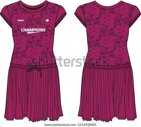 Women drop\
waist tennis dress with pleated skirt sports top jersey design flat\
sketch fashion Illustration suitable for girls and Ladies, dress\
for tennis, netball, badminton sport\
kit
