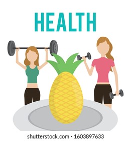 women with dumbbell barbell and pineapple health food vector illustration
