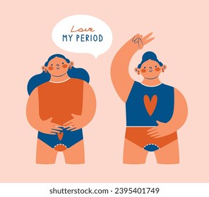 Women during menstruation, holding their bellies. Love my periods. Illustrations with young woman, in which the female period. Modern clip arts with girl, who show v-gest, peace gest. Women's health.