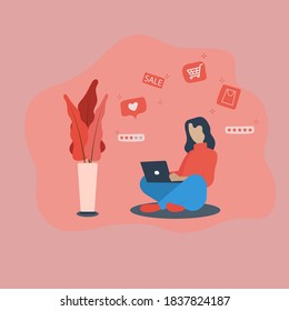 Women during online shopping at home vector. Shopping online concept. Flat design. Pink background. EPS10