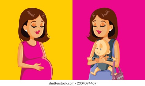 
Women During Pregnancy Versus New Mom Vector Concept illustration. Mother to be and postnatal happy woman holding her infant 
