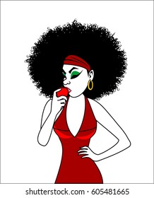 women eat apple afro hair
