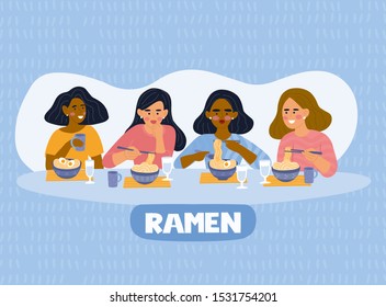 Women eat ramen noodle soup in Japanese restaurant. Girlfriends in Sushi Bar. Hand drawn illustration