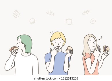 The women are eating bread.hand drawn style vector design illustrations.