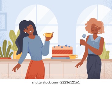 Women eating cake. Young girls with spoon and mug of hot drink in their hands stand near dessert or delicacy. Female students at party, events and entertainment. Cartoon flat vector illustration