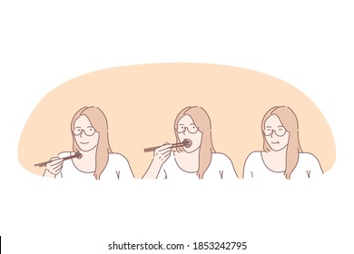 Women eating sushi concept. Young positive woman cartoon character sitting and enjoying eating japanese sushi rolls with chopsticks. Asian japanese traditional cuisine and food delivery service 