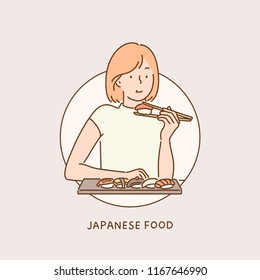 women eating sushi, a traditional Japanese dish. hand drawn style vector design illustrations.