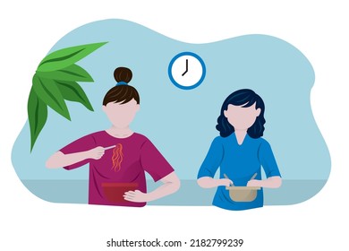 Women Eating Together, Female Friends Eating Together At Home Vector Flat Illustration. Eat Noodles