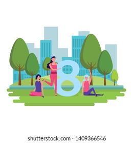 women with eight avatar cartoon character in the park cityscape vector illustration graphic design