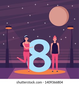 women with eight avatar cartoon character outdoor at night vector illustration graphic design