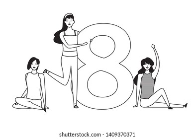 women with eight avatar cartoon character black and white vector illustration graphic design