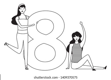 women with eight avatar cartoon character black and white vector illustration graphic design