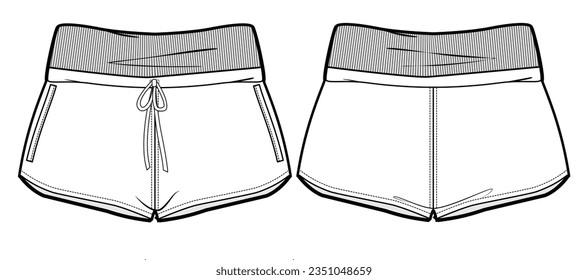 Women Elasticated High Waist Curved Hem Knitted Hot Short Front and Back View. Fashion Flat Sketch Vector Illustration, CAD, Technical Drawing, Flat Drawing, Template, Mockup.
