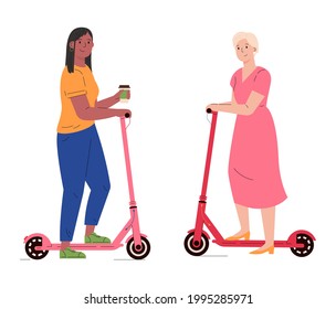 Women with electric walk scooters. Girlfriends on e-scooters met each other. Alternative modern eco urban transport, healthy lifestyle. Flat vector illustration isolated on white background 