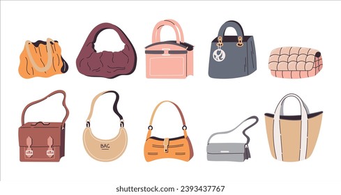 Women elegant flat multi-colored classic handbags. Collection of vector isolated bag accessories.
