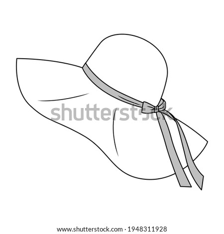 Women Elegant Wide Brim Straw Hat fashion flat sketch template. Girls Technical Fashion Illustration. Ribbon and Bow detail. Summer Beach Look