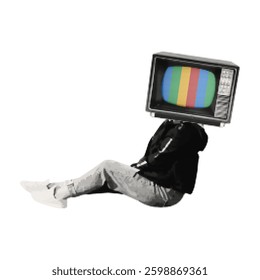 Women element halftone old TV on her head with for creating collages. Vector.