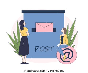 Women with email. Girl sending message on internet. Global communication and business interaction. Businesswoman with electronic mail. Doodle flat vector illustration isolated on white background