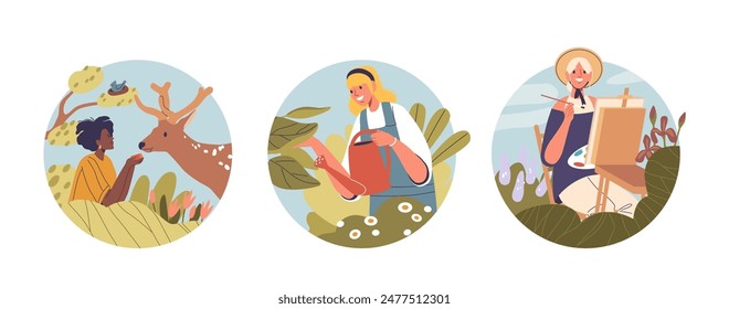 Women Embracing Country Life By Engaging With Nature, Knitting, And Painting. Round Icons Capture Essence Of Relaxation