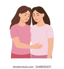 Mulheres abraçando umas às outras, expressando amor, carinho, apoio. Ilustração vetorial para amizade, relações fortes, conceito de apoio
