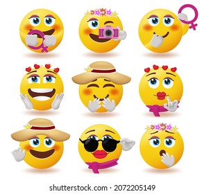 Women emoji characters vector set. Woman emojis collection with cute and beautiful facial expressions and feminine elements for woman's day female emoticons design. Vector illustration.
