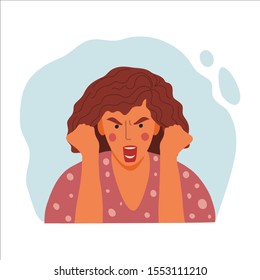 Women emotional portrait, hand drawn flat style design concept illustration of angry girl, female face and clenched fists avatar. Vector icon