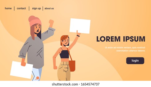 women empowerment activists protesting holding blank placards feminist demonstration girl power movement rights protection concept portrait horizontal copy space vector illustration