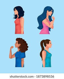 women empowerment with women cartoons from side doing muscle sign set design of female power feminism and rights theme Vector illustration