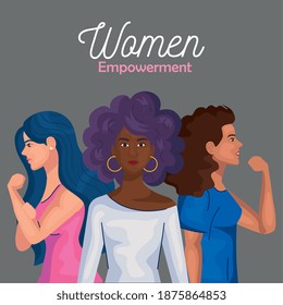 women empowerment with women cartoons from side doing muscle sign design of female power feminism and rights theme Vector illustration