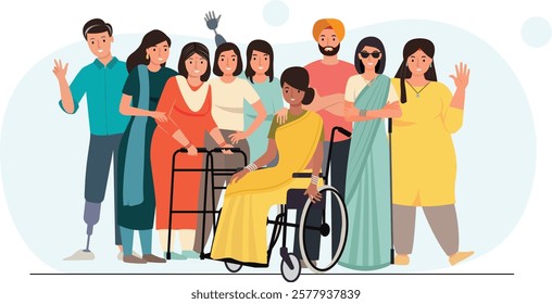 Women empowerment. Diverse work culture, inclusive work space. People with disability. Disabled woman in a wheelchair. Handicapped. Equal opportunities concept. Vector illustration.