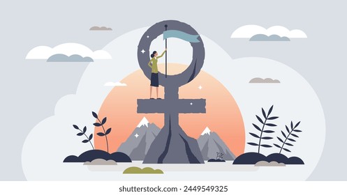 Women empowerment, female unity or community strength tiny person concept. Feminist activity for equal rights, opportunities or justice vector illustration. Femininity movement against discrimination