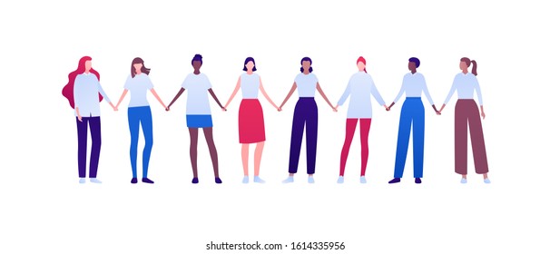 Women empowerment feminist concept. Vector flat person modern illustration. Group of various ethnic woman holding hands isolated on white background. Design element for diversity banner, card, poster.