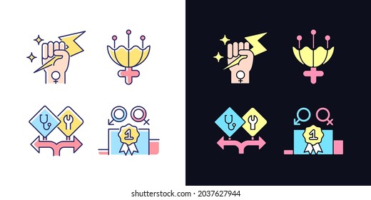 Women empowerment light and dark theme RGB color icons set. Female authority. Femininity attribute. Isolated vector illustrations on white and black space. Simple filled line drawings pack