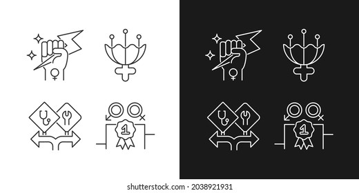 Women empowerment linear icons set for dark and light mode. Female authority. Femininity attribute. Customizable thin line symbols. Isolated vector outline illustrations. Editable stroke