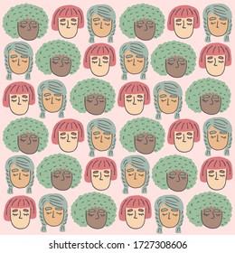 Women empowerment movement pattern. International women's day graphic. Trendy hipster background. Flat cartoon illustration. Women of different races.