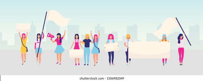 Women empowerment protest flat vector illustration. Feminist demonstration, girl power movement concept. Feminism, women rights protection. Female activists holding blank placards cartoon characters