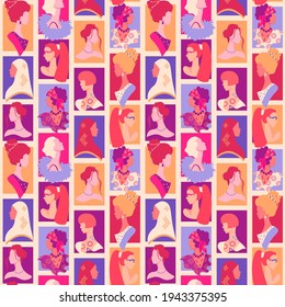 Women empowerment seamless pattern with portraits of females of different eras, nationalities and cultures. Pop art background 