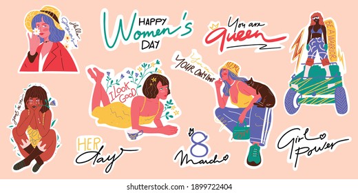 Paquete de pegatinas para el empoderamiento de la mujer. Ilustración de vectores dibujados a mano. Colección Sticker. 8 de marzo - Juego de iconos del Día de la Mujer Feliz. Dibujo de caracteres femeninos. Letras manuscritas. Lemas motivacionales