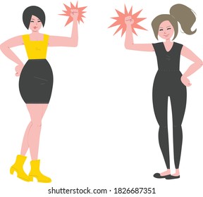 Women empowerment. Vector illustration of two strong women celebrating their success. You can use it as two separate drawings. Perfect for your website, blog, banner, video.