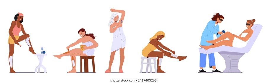 Women Engage In Hair Removal Procedures Waxing, Shaving, Using Depilatory Creams or Apply Laser Epilation in Salon To Achieve Smooth, Hair-free Skin, Enhancing Personal Grooming. Vector Illustration