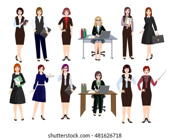 Women engage in office work. Different types of work. Girl working on a laptop. Work with documents. Big set business women in office clothes.