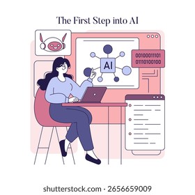 Las mujeres se involucraron en la tecnología de IA, utilizando una computadora portátil mientras exploraban visualizaciones y codificación de datos. La ilustración representa la intersección del género y la tecnología en la era digital moderna, centrándose en
